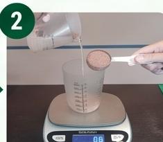Timbang 45 gr powder (atau 4x sendok 15ml + 1x sendok 5ml)